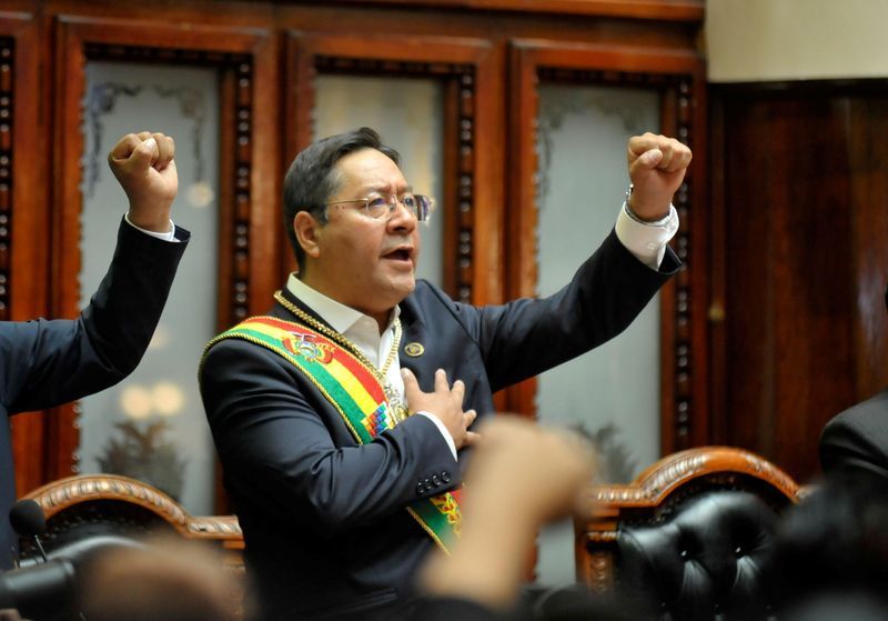Bolivia -s President Luis Arce gestures after being sworn into office, in La Paz, Bolivia November 8, 2020. Courtesy of Bolivian Presidency/Handout via REUTERS/File Photo